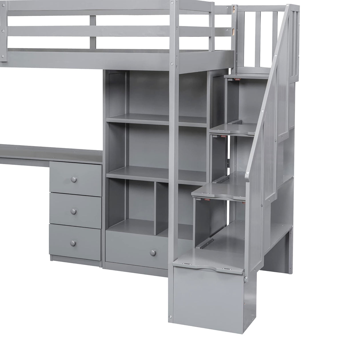 SOFTSEA Twin Size Loft Bed with Desk, Stairs, and Storage - Solid Wood Grey Design SOFTSEA
