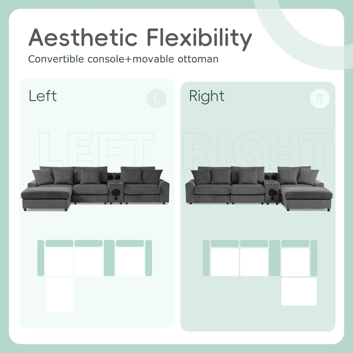 Merax 114 * 64" Corduroy Sectional Couches with Bluetooth Speakers, Storage, Ottoman & Pillows, Upholstered Modular Sofa Chaise with Console, USB Charger, Cup Holders for Living Room Apartment, Grey Merax