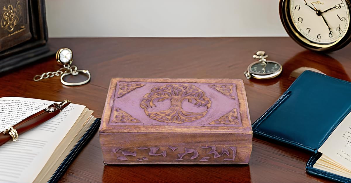 Great Birthday Gifts Handmade Decorative Wooden Jewelry Box Tree Of Life Carving Jewelry Organizer Keepsake Box Treasure Chest Trinket Holder Watch Box Storage Lock Box Housewarming Gift (Violet) The Great Indian Bazaar
