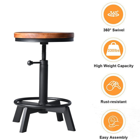 BOKKOLIK Set of 2-Industrial Bar Stool-Counter Height Chairs- Swivel Wooden Seat- Adjustable 17.7-24inch BOKKOLIK