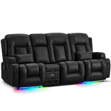 URRED Loveseat Recliner Sofa with Massage and Heat, Power Reclining Loveseat Sofa RV Couch with Console and Middle Seat, 3-Seater Home Theater Seating with LED Lights, Faux Leather, Black URRED