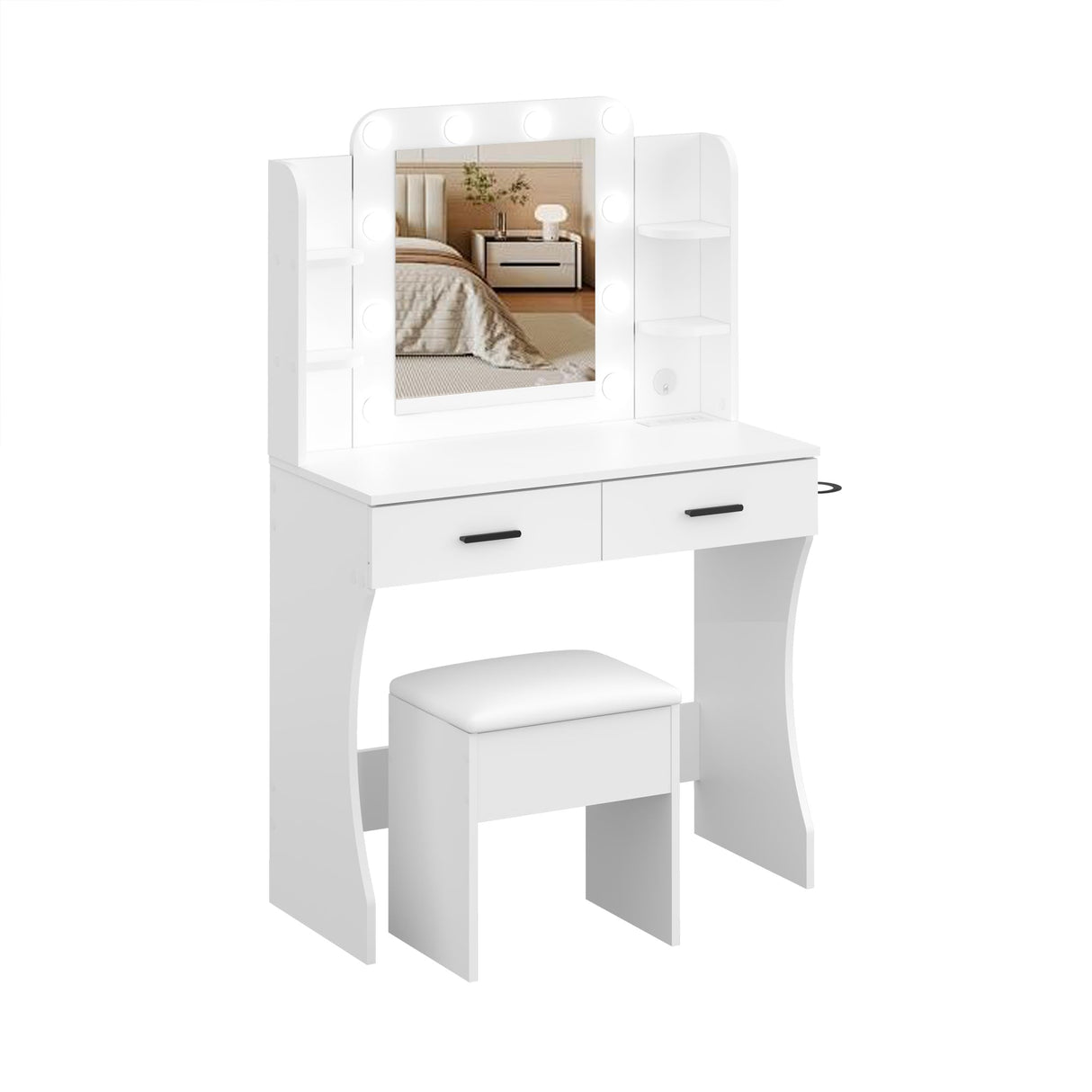Vanity Desk Set with Mirror, LED Lights and Power Outlet Makeup Table with 2 Large Drawers and Round Holder, Dressing Table with Cushioned Stool for Bedroom, Dressing Room (White) Panana