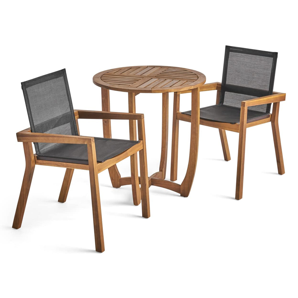 GDFStudio Outdoor Acacia Wood 3 Piece Dining Set with Mesh Seats, Teak and Black GDFStudio