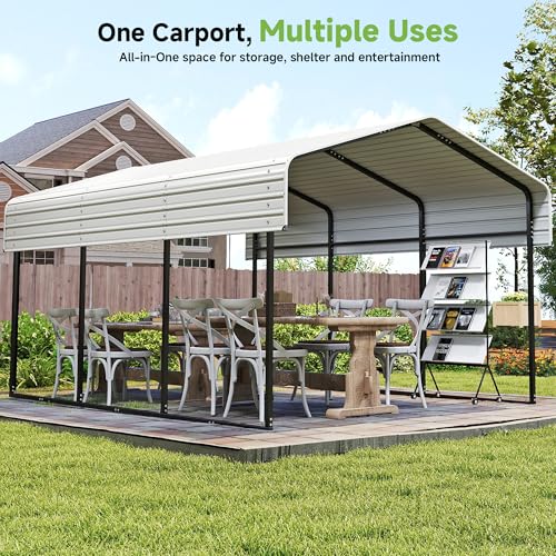 Real Relax 10×15FT Heavy Duty Carport, Metal Car Port Multi-Use Outdoor Storage Cars, Boats, Trucks, Galvanized Metal Roof, Cream White Real Relax