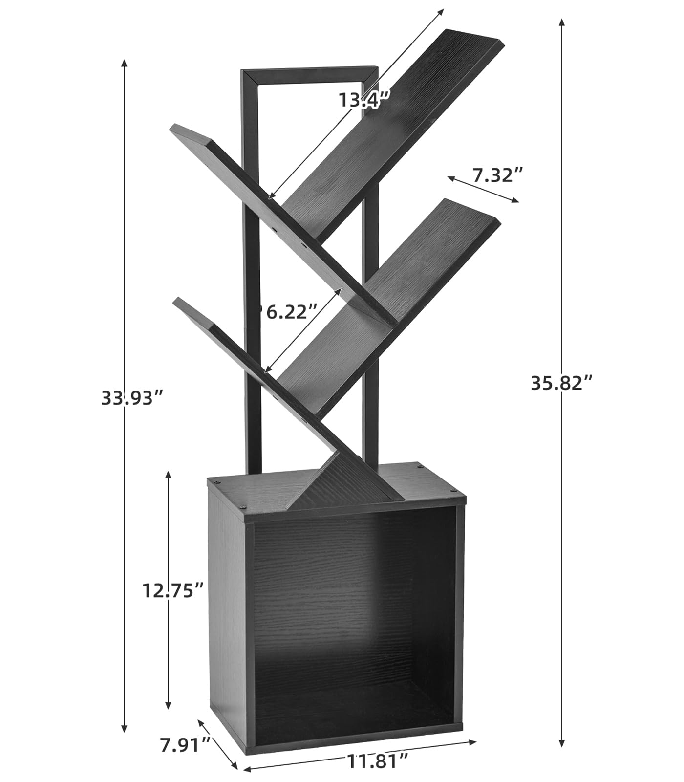 YSVCO 4 Tier Book Tree Bookshelf, Wooden Small Book Shelf with Storage Cabinet, Modern Freestanding Bookcase, Floor Standing Display Organizer for Small Spaces, Living Rooms, Home Offices,Black BS34BS