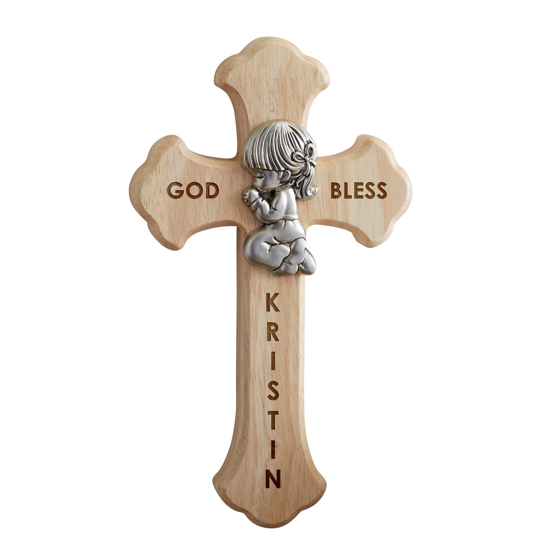 Personalization Universe Prayerful Girl Engraved Wood Cross, Baptism & First Communion Keepsake Wall Decor, Christian Wall Art, Home Decor Wall Cross - 8" x 4.5" Oak Wood & Zinc Alloy - WoodArtSupply