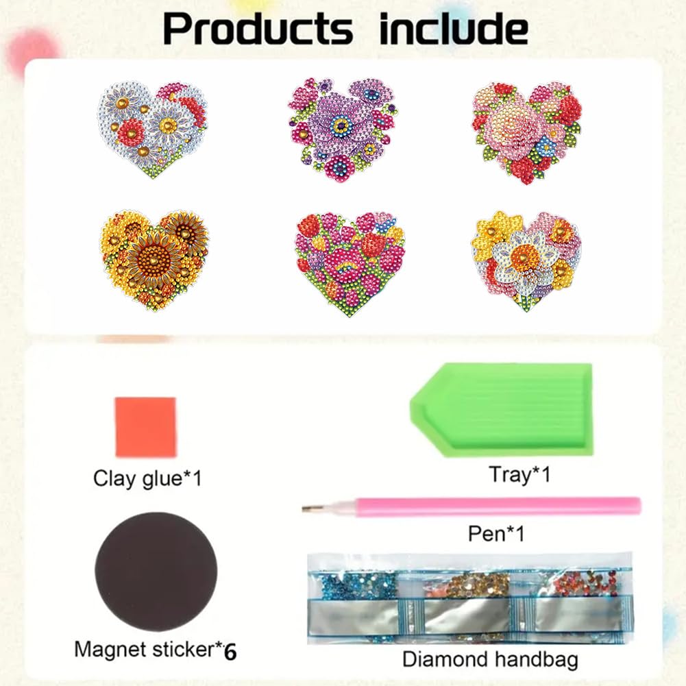 POETRYDRAW 6 Pcs Diamond Painting Magnets Special Shape Heart Flower Diamond Art Stickers Refrigerator Diamond Painting Kits for Fridge Stickers POETRYDRAW