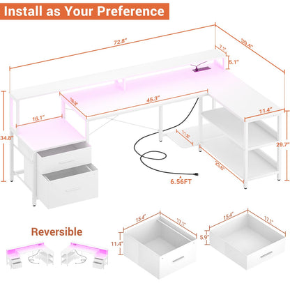 Aheaplus L Shaped Desk with File Drawer, 72.8" Reversible L Shaped Computer Desk with Power Outlet & LED Strip, Gaming Desk with Long Monitor Stand, Office Desk Corner Desk with Storage Shelf, White