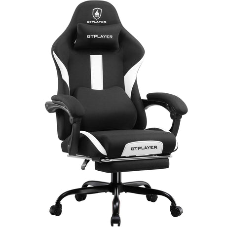 GTRACING Gaming Chair Ergonomic Office Chair with Foot Rest & Pocket Spring Cushion, High Back Computer Desk Chair with Headrest & Lumbar Support, Breathable Fabric Game Chair for Adults, Black GTRACING