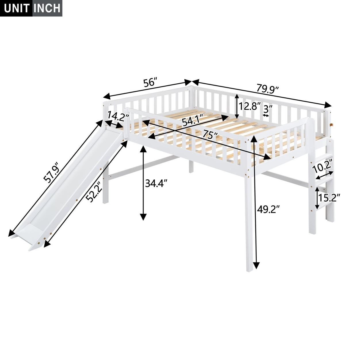 Harper & Bright Designs Full Size Low Loft Bed with Slide, High Guardrail & Ladder, Kids Wooden Full Loft Bed Frame for Girls,Boys, No Box Spring Needed, White Harper & Bright Designs