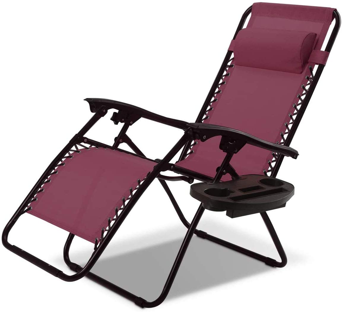 topment Outdoor Zero Gravity Lounge Chair with Pillow & Utility Tray, Folding Patio Lawn Beach Recliner(Wine) topment