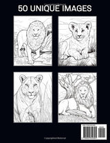 Lion Coloring Book: 50 Unique Ilustrations for Stress Relief and Relaxation Majosta