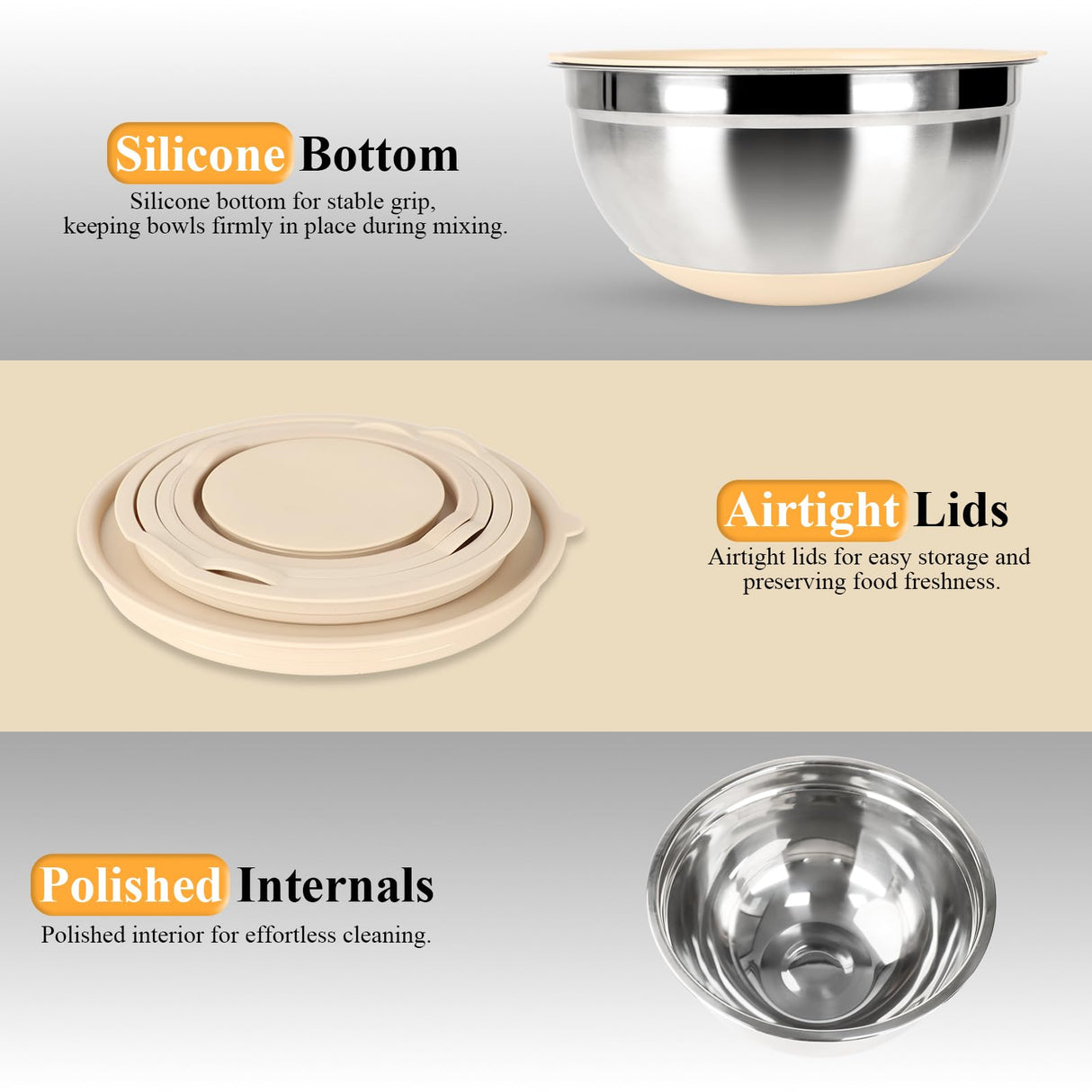 Mixing Bowls with Airtight Lids Set, 20 PCS Kitchen Gadgets Set, 6 Stainless Steel Bowls, 3 Grater Attachments, Non-Slip Silicone Bottoms, Great for Serving&Baking, Size 5, 4, 3.5, 2.1, 1.5, 1.1QT ENVTEK