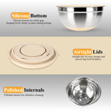 Mixing Bowls with Airtight Lids Set, 20 PCS Kitchen Gadgets Set, 6 Stainless Steel Bowls, 3 Grater Attachments, Non-Slip Silicone Bottoms, Great for Serving&Baking, Size 5, 4, 3.5, 2.1, 1.5, 1.1QT ENVTEK