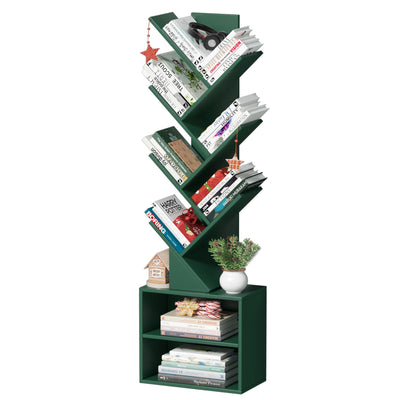 SHEEPAM 10 Tier Tree Bookshelf,Christmas Green Bookcase for Narrow Space, Storage Organizer Floor Standing Bookshelves for Books, Tall Book Case for Home Office, Living Room, Bedroom