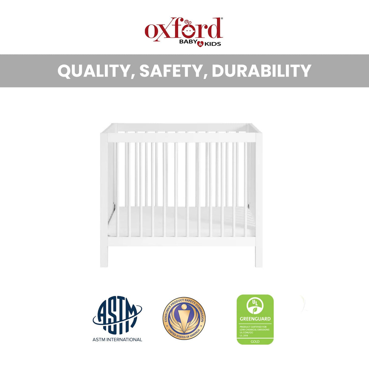 Oxford Baby Essentials Island Mini 4-in-1 Convertible Baby Crib with Round Spindles, White Oxford Baby