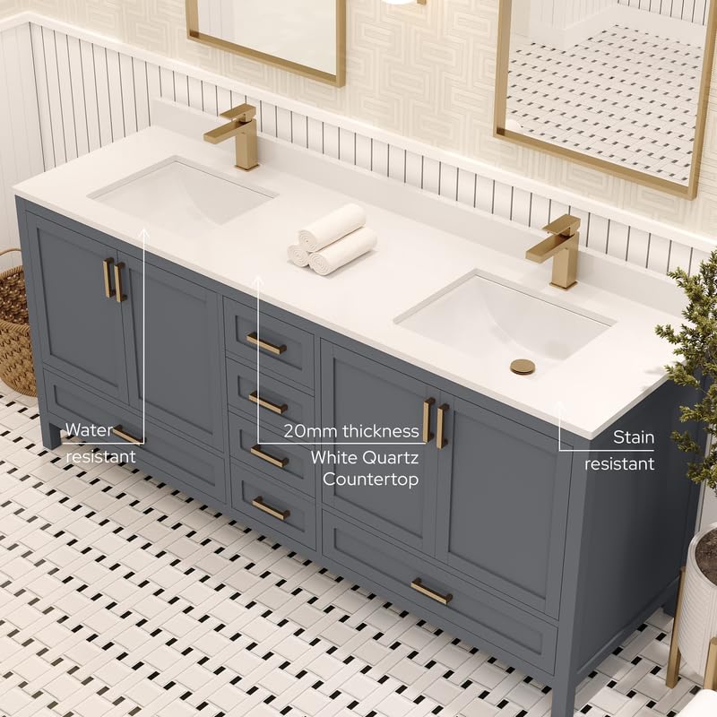 Ayna Decors Rooh 72 in Charcoal Grey Double Sink Bathroom Vanity Set with White Quartz Countertop | 4 Soft Closing Doors | 5 Full Extention Soft Close Drawers | Gold Hardware Ayna Decors