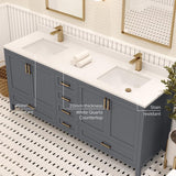 Ayna Decors Rooh 72 in Charcoal Grey Double Sink Bathroom Vanity Set with White Quartz Countertop | 4 Soft Closing Doors | 5 Full Extention Soft Close Drawers | Gold Hardware Ayna Decors
