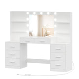 Irontar Makeup Vanity Table with Mirror & Lights, Vanity Desk with Power Strip, Large Drawer & Six Open Storage Dresser, 3 Lighting Modes Adjustable Brightness, Dressing Table, White WDT006W Irontar