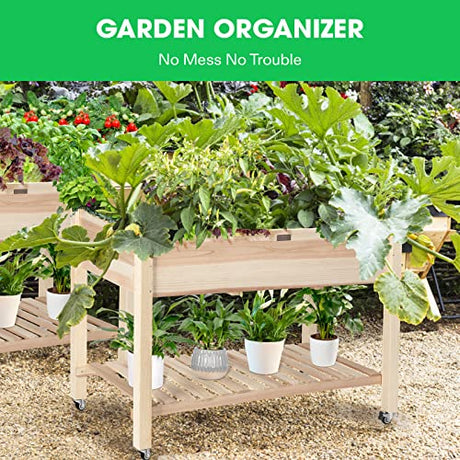 VIVOSUN Elevated Wooden Raised Garden Bed, 46 x 24 x 32 Inches, Mobile Outdoor Planter Box with Storage Shelf and Protective Liner for Outdoor Use, with Lockable Wheels VIVOSUN