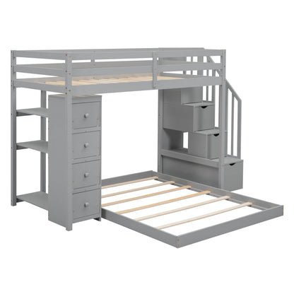 Harper & Bright Designs Grey Twin Over Full Bunk Bed with Storage Stairs and Drawers