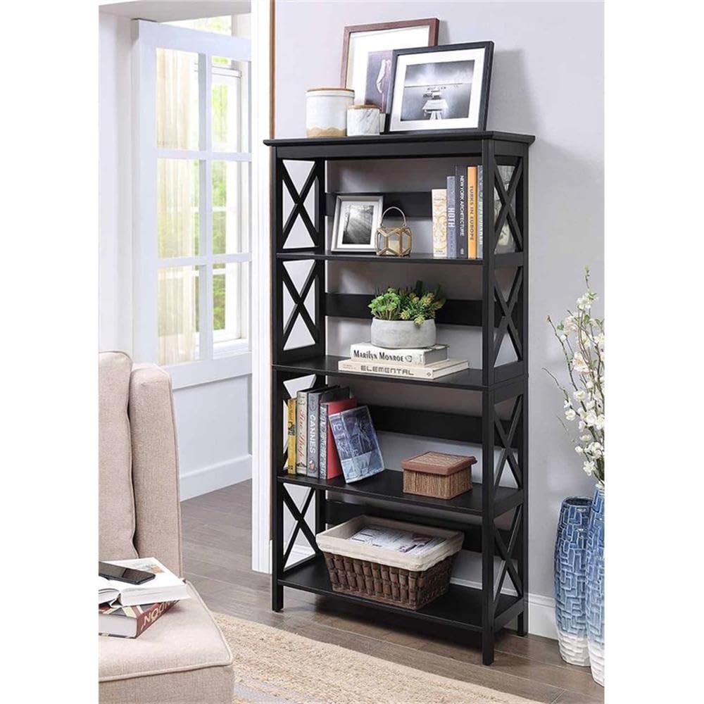 Convenience Concepts Oxford Bookcase 31.5" - 5-Tier Farmhouse Bookcase for Living Room, Modern Family Room Media & Display Storage Organizer for Home Office Library, Tall Shelving Unit, Black Convenience Concepts