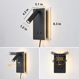 LED Reading Light Wall Mounted Lamp with 3 Brightness Dimmable & USB C+A Ports, Black Bedside Wall Lamps for Bedroom, Wall Sconce with Switch, Bed Lights for Headboard, Hotel, Bunk Bed, Dorm MOLUOLA LIGHTING