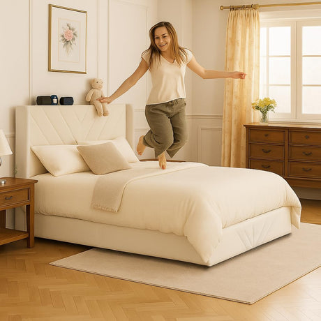 COMHOMA King Size Metal Bed Frame with Upholstered Headboard,Storage Drawers,USB & Type-C Charging Ports,No Box Spring Needed,White COMHOMA