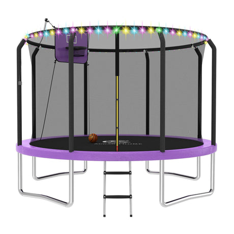 ACWARM HOME 10FT Trampoline for Kids and Adults with Basketball Hoop and LED Lights, Outdoor with Safety Net, ASTM Approved, Purple ACWARM HOME