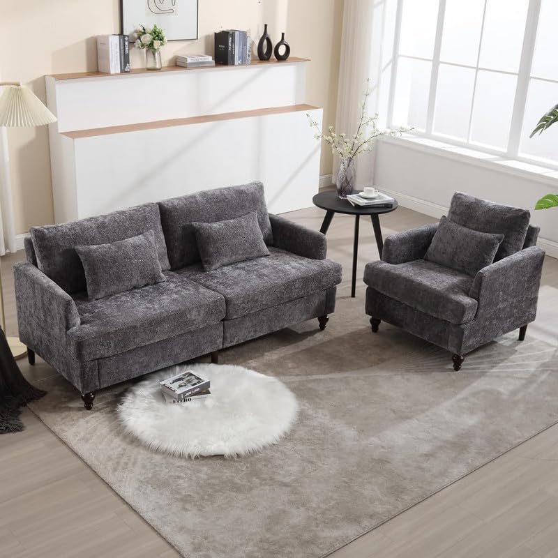 AZSJML 2 Pieces Sofa Couch Set for Living Room, 68'' Mid Century Modern Loveseat and Accent Chair Set, Chenille Sofa Comfy Cloud Couch with Deep Seats for Small Spaces Apartment Bedroom, Grey