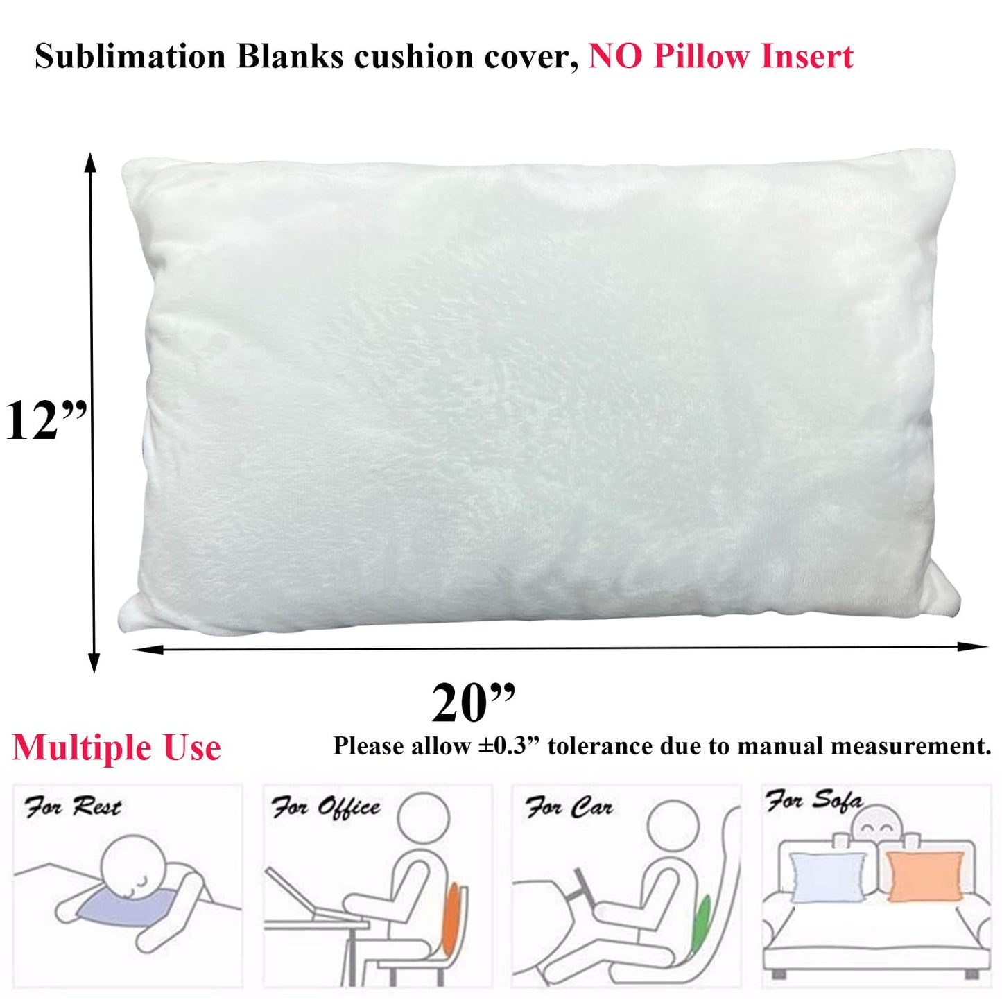 FUKiss 4 PCS 12" x 20" White Sublimation Blanks Soft Plush Crystal Velvet Fabric Throw Pillow Case Cushion Cover Pillowcase for Sofa Vinyl Projects DIY Printing Square NO Pillow Insert