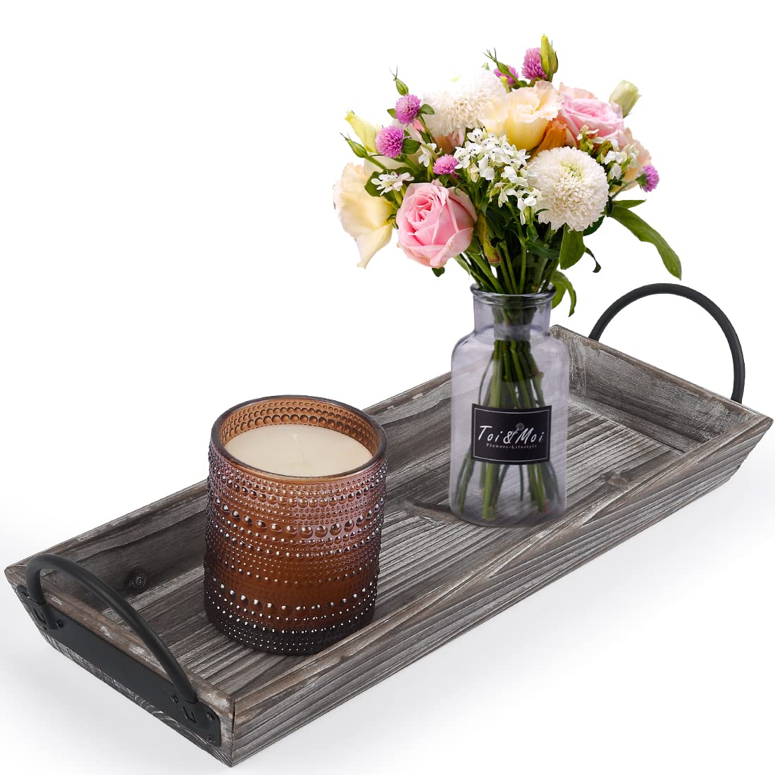 Aglary Wooden Tray Candle Holder with Black Metal Handles, Rectangular Centerpiece for Dining Table. Home Decor Accessories for Coffee Table, Kitchen Counter, Fireplace or Farmhouse.