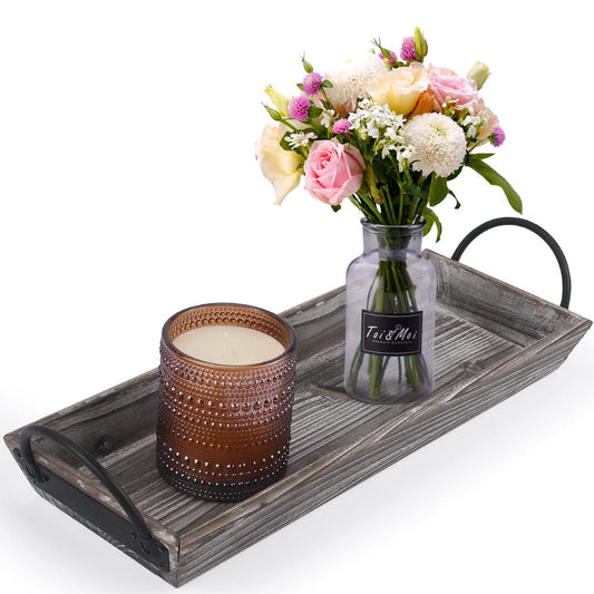 Aglary Wooden Tray Candle Holder with Black Metal Handles, Rectangular Centerpiece for Dining Table. Home Decor Accessories for Coffee Table, Kitchen Counter, Fireplace or Farmhouse.