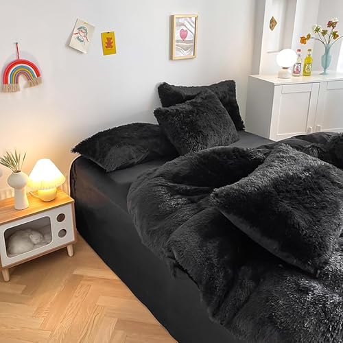 chovy Kids Girls Faux Fur Black Comforter Sets Twin/Full - 3PC Bed Set Skin Friendly Soft Warm Comfortable Classical Rabbit Plush Velvet Flannel Fluffy Fuzzy Bedding（Comforter x 1 Pillowcases x 2） chovy