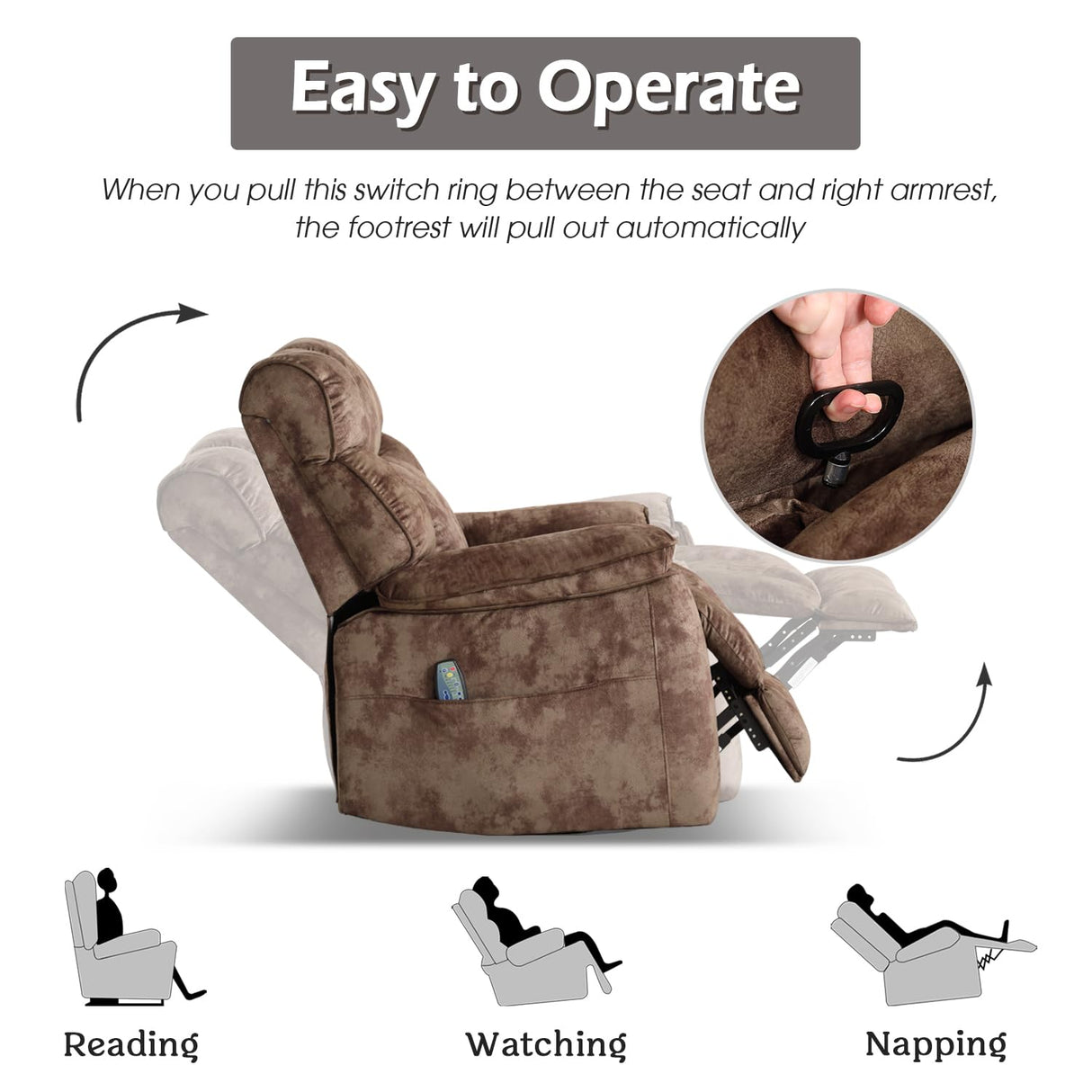 INZOY Oversized Rocker Recliner with Heat and Vibration, Manual Swivel Rocking Chair with Vibrating Massage, Comfy Padded Overstuffed Soft Fabric Heated Recliner, Brown INZOY