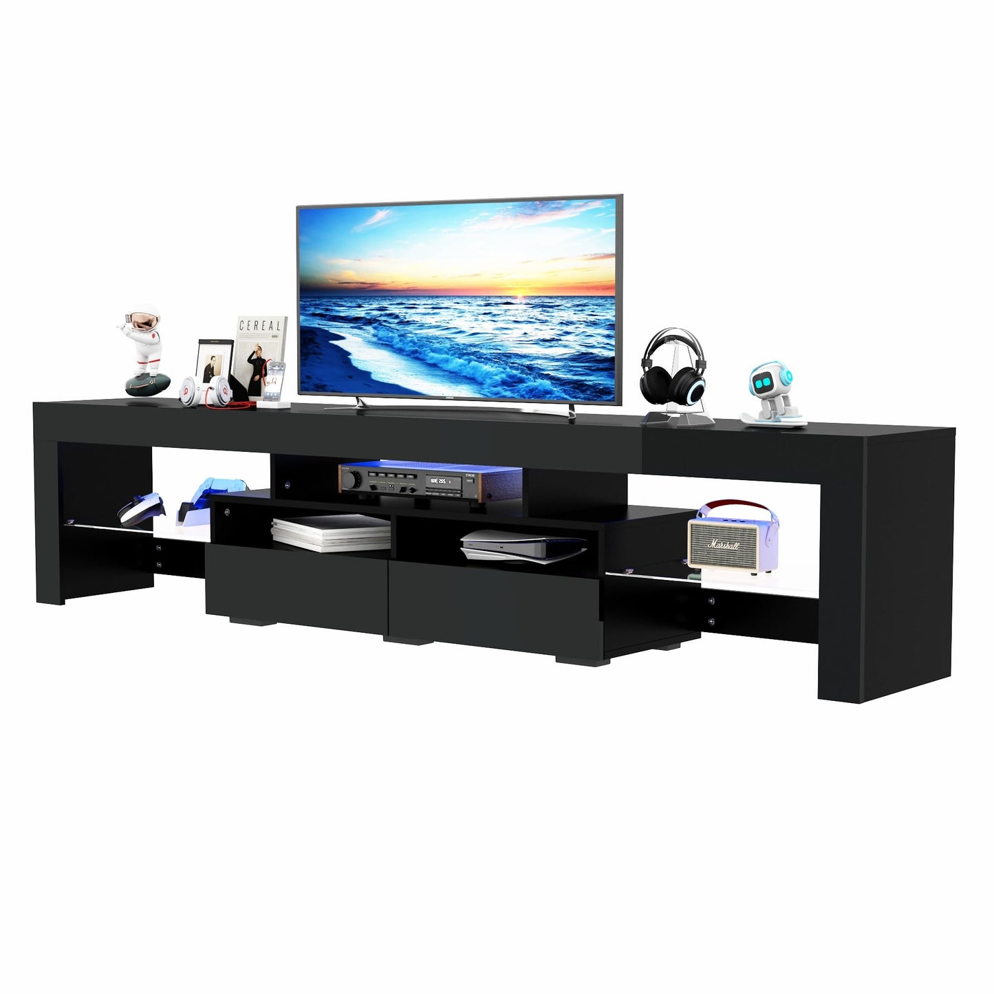 St.Mandyu LED TV Stand for 90/100 inch TV, High Glossy Modern Entertainment Center with Drawer and Led Lights, Television Table Media Console for Living Game Room Bedroom, Black