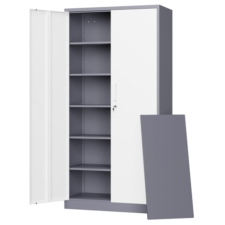 Letaya Metal Storage Cabinet with Lock Door and 5 Shelves,6 Tier Steel Garage Tool Cabinet for Home Office Utility Room 72" H X 36" W X18 D (White Gray) Letaya