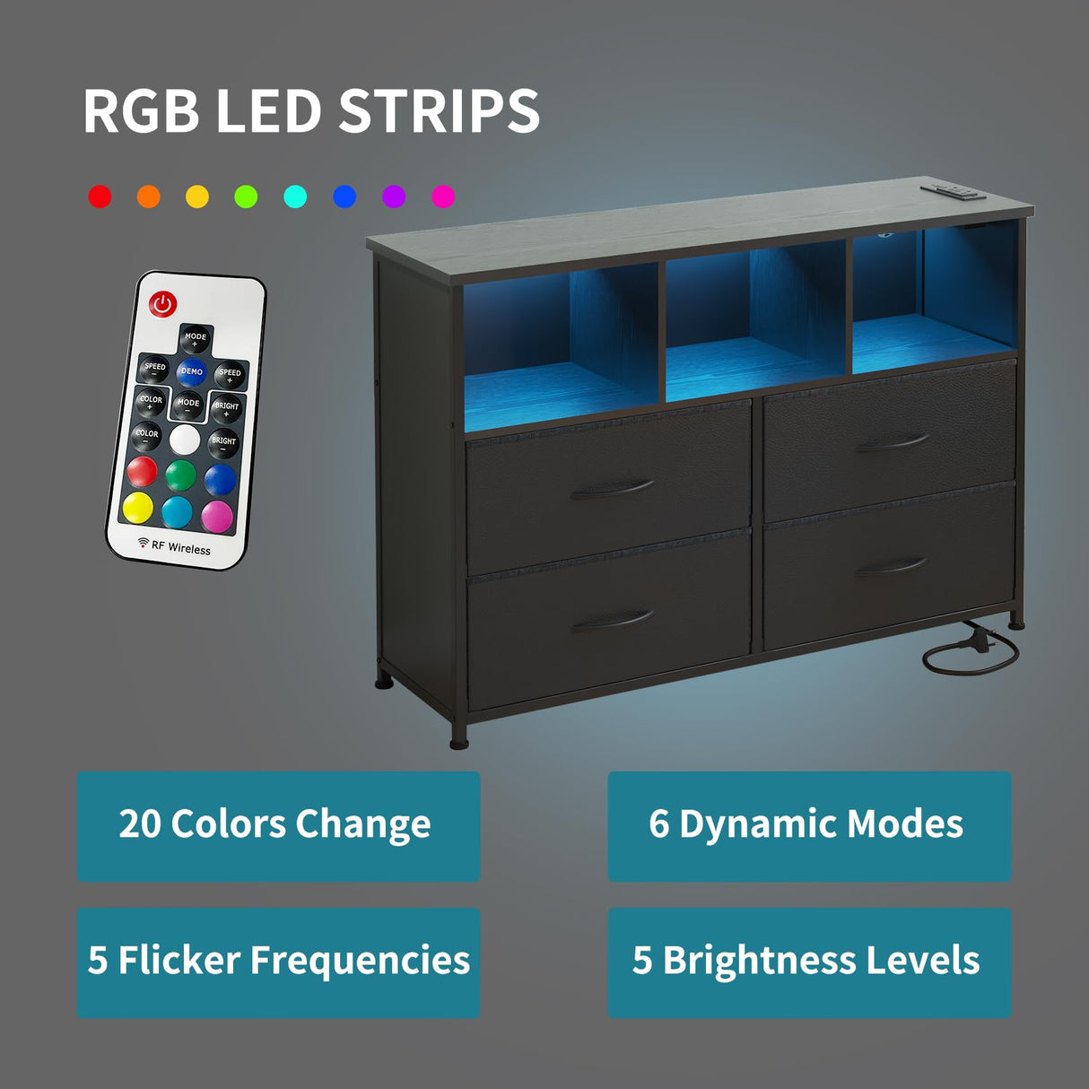 LUMTOK 4-Drawers Dresser with 3 Open Storage Shelves, Fabric Dressers Drawers for Bedroom, Hallway, Nursery, Closets, Steel Frame, Wood Top, Easy Pull Handle (Black) LUMTOK