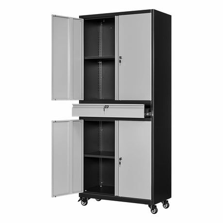 AFAIF Metal Storage Cabinet with Wheels, 73" Tall Garage Rolling Storage Cabinets with Doors and Shelves, Lockable Tool Caninet Steel Locking Cabnets for Home Office, Garage, Pantry AFAIF