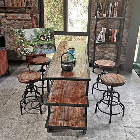 Diwhy Industrial Vintage Bar Stool,Kitchen Counter Height Adjustable Screw Stool,Swivel Bar Stool,Metal Wood Stool,27 Inch,Fully Welded Set of 2 Diwhy