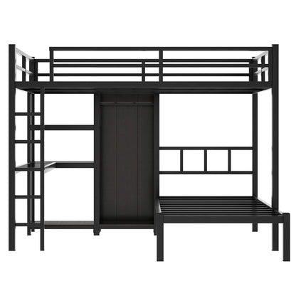 Metal Full XL Over Twin Bunk Bed, Multi-Functional Bunk Bed with Desk,Bookshelf,Storage Shelves and Wardrobe for Kids Teens Adults