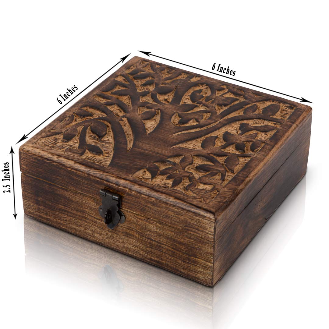Great Birthday Gifts Handmade Decorative Wooden Jewelry Box With Tree Of Life Carving & Lock & Key Jewelry Organizer Keepsake Box Treasure Chest Trinket Holder Watch Box Storage Lock Box 6 x 6 Inches The Great Indian Bazaar