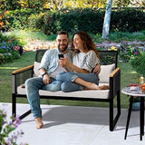 YITAHOME Patio Loveseat Wicker Outdoor Furniture, All Weather Rattan Conversation Loveseat for Backyard, Balcony and Deck with Wooden Armrest, Gray Cushions (Black) YITAHOME