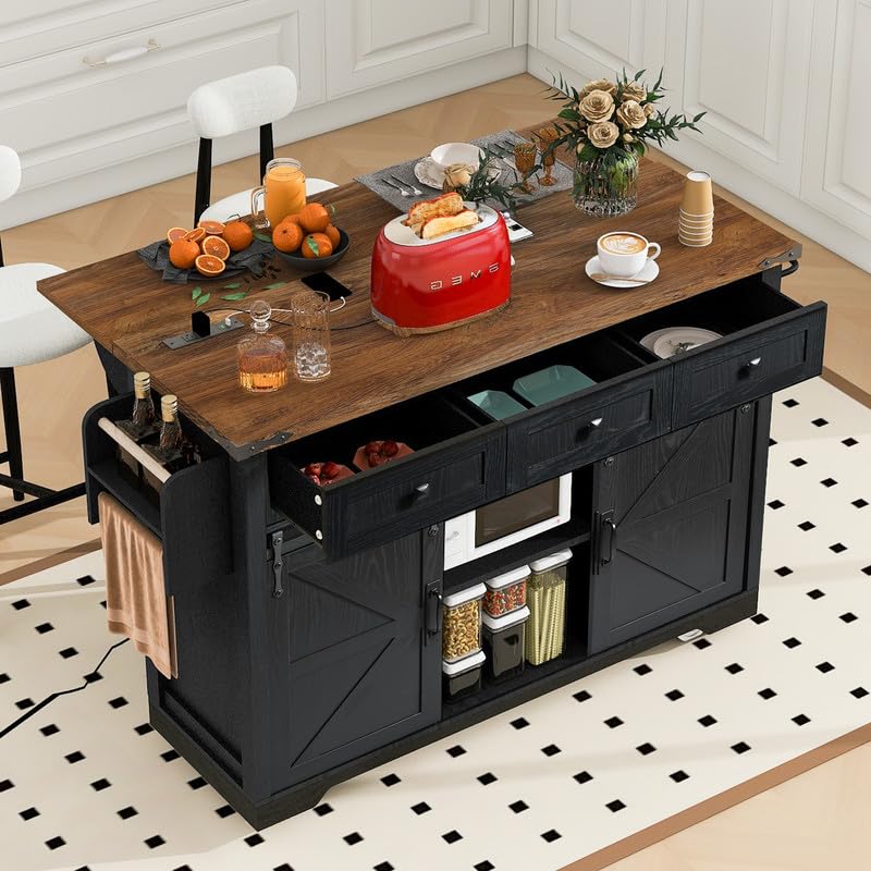 53.7" Farmhouse Kitchen Island with Power Outlet, 2 Sliding Barn Door Kitchen Storage Island with Drop Leaf, Spice Rack Rolling Kitchen Cart on Wheels, for Home, Kitchen and Dining Room, Black HomeGearTech