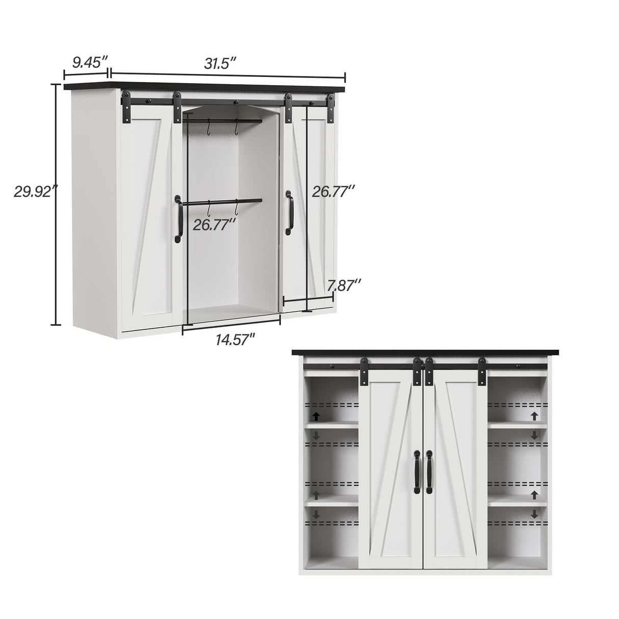 4ever2buy Farmhouse Coffee Bar with Storage, 31.5 Inch Floating Kitchen Wall Cabinet with 6 Hooks for Wall, Wall Mount Cabinet with Barn Door for Living Room, White Kitchen Wall Cabinet 4ever2buy