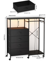 Seeday Dresser for Bedroom with Clothes Rack, 4 Drawers Dresser with Charging Station and LED Lights, Storage Chest of Drawers with Wheels, Wooden Top, for Closet, Living Room, Hallway, Black Seeday