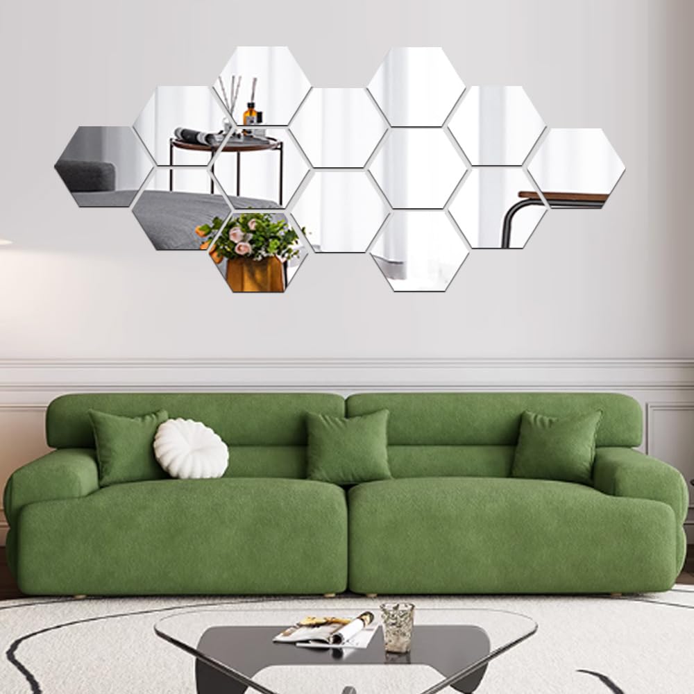 Mirror Wall Stickers, 12PCS Hexagon Mirror Art DIY Home Decorative Hexagonal Acrylic Wall Sheet Plastic Tiles Home Living Room Bedroom Sofa TV Background Wall Decal Decoration (Silver) MCLEULLA