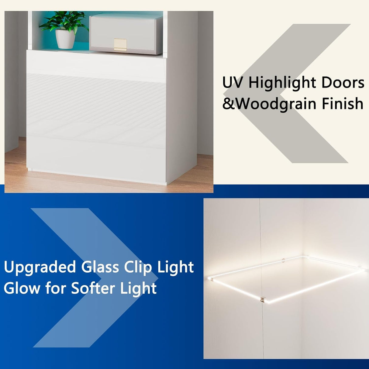 AMERLIFE 2 Piece 5-Tier High Gloss LED Lights Bookcase with Glass Doors, 71" Tall Modern Bookshelf Display Storage Cabinet Set of 2 with Adjustable Glass Shelves for Living Room, Office, White AMERLIFE