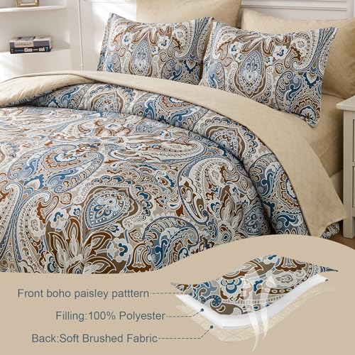 Drucon Brown Paisley Comforter Set Full, 7 Pieces Bed in a Bag Brown Paisley Pattern Comforter Soft Microfiber Bedding Set Full Size with Sheet and Pillowcases for Men Women Drucon