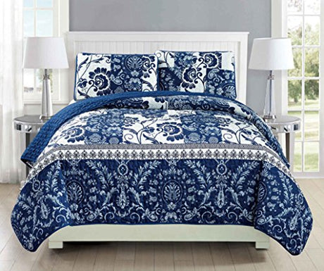 Mk Collection 3pc Full/Queen Bedspread Coverlet Set Quilted Floral White Navy Blue Over Size New #186 MK Home